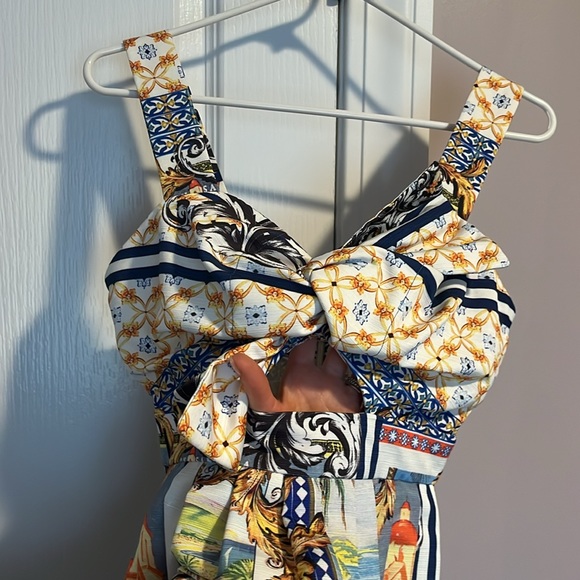 NWT ASOS Linen Bow Detail Cut Out Skater Dress in Postcard Print size 2 - Picture 8 of 13